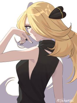 1girl blonde_hair breasts closed_mouth cynthia_(pokemon) eyeshadow grey_eyes hair_ornament hair_over_one_eye highres long_hair looking_at_viewer makeup mijukuma nintendo pokemon pokemon_dppt shirt sleeveless solo upper_body very_long_hair