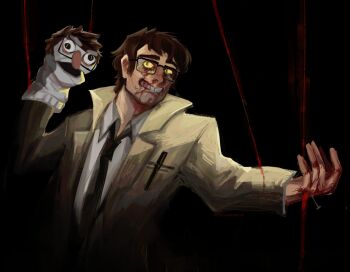 1boy bill_cipher black_necktie bleeding blood blood_from_mouth blood_on_face bloody_tears brown_hair clenched_teeth coat collared_shirt colored_sclera commentary english_commentary ford_pines gravity_falls hand_up head_tilt highres impaled male_focus mullet n0cturnalcm nail_(hardware) necktie nosebleed possessed puppet_strings shirt short_hair sideburns sock_puppet solo teeth upper_body white_shirt yellow_coat yellow_sclera