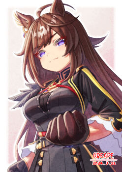 Rule 34 | 1girl, ahoge, animal ears, belt, black dress, black gloves, black jacket, blue eyes, breasts, brown hair, clenched hands, closed mouth, commentary request, creape, dress, duramente (red in black) (umamusume), duramente (umamusume), feathers, gloves, hair between eyes, highres, horse ears, horse girl, jacket, long hair, long sleeves, looking at viewer, medium breasts, multicolored hair, solo, streaked hair, umamusume, white hair