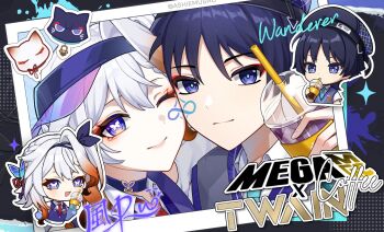 Rule 34 | 1boy, 1girl, animalization, aqua pupils, aqua trim, arm at side, ash mirai, beret, black cat, black hat, black headband, blue butterfly, blue sleeves, blunt ends, bow, braid, braided bangs, bright pupils, brown hair, bug, butterfly, butterfly-shaped pupils, butterfly choker, butterfly hair ornament, cat, character name, cheek-to-cheek, chibi, chibi inset, choker, choppy bangs, coffee, collared shirt, colored tips, company logo, company name, contemporary, couple, cup, curtained hair, detached sleeves, disposable cup, drinking, drinking straw, emblem, eyeliner, facial mark, genshin impact, gradient hair, grey sweater vest, hair between eyes, hair bow, hair ornament, hair tie, half crown braid, hand up, hat, headband, heads together, hetero, highres, holding, holding cup, iced coffee, insect, makeup, medium hair, multicolored hair, necktie, oc x canon, official alternate costume, one side up, original, person and animalization, photo (object), photo background, pink lips, pointy ears, purple bow, purple choker, purple eyes, purple hat, purple sweater vest, purple trim, red eyeliner, red necktie, scaramouche (genshin impact), school uniform, shirt, short sleeves, smile, sweater vest, symbol-shaped pupils, tsurime, twitter username, undershirt, visor cap, wanderer (genshin impact), wanderer (mega mgc coffee) (genshin impact), white cat, white hair, white pupils, white shirt, white sleeves, wing collar