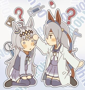 2girls ? ahoge animal_ears bandaid bandaid_on_face bandaid_on_forehead blue_eyes blue_hairband blush bow bowtie coat commentary ear_covers ear_ornament english_commentary grey_hair grey_tail hair_between_eyes hair_ornament hairband headband highres horse_ears horse_girl horse_tail lab_coat long_hair long_sleeves multicolored_hair multiple_girls o_o oguri_cap_(umamusume) open_clothes open_coat pill pleated_skirt purple_sailor_collar purple_serafuku purple_shirt purple_skirt purple_thighhighs red_headband sailor_collar sailor_shirt scale scales school_uniform seiza serafuku shirt sitting skirt stadiometer striped_clothes striped_hairband syringe taa_in1 tail tamamo_cross_(umamusume) thighhighs tracen_school_uniform umamusume very_long_hair weighing_scale white_bow white_bowtie white_coat