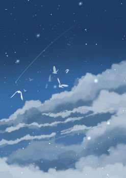 bird cloud cloudy_sky commentary_request highres night no_humans original outdoors sakurada_chihiro scenery shooting_star simple_bird sky sky_focus