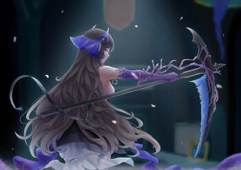 1girl absurdres arknights black_dress black_hair blue_eyes blurry blurry_background breasts coral cowboy_shot depth_of_field dress elbow_gloves from_behind gloves highmore_(arknights) highres holding holding_scythe holding_weapon layered_dress long_hair looking_at_viewer looking_back medium_breasts outstretched_arm parted_lips petals pointy_ears purple_gloves scythe sideboob solo two-tone_dress veil very_long_hair weapon white_dress yongdogi