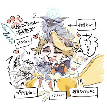 1boy animal animalization apupu_bel bags_under_eyes blonde_hair cat emily_(hazbin_hotel) halo highres holding holding_animal long_sleeves lute_(hazbin_hotel) person_and_animalization sera_(hazbin_hotel) sir_pentious st._peter_(hazbin_hotel)