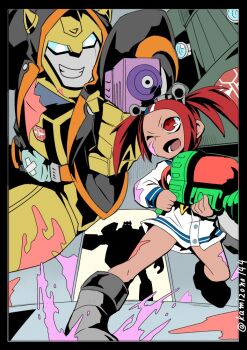 1girl 2boys android autobot belt blue_eyes boots bulkhead bumblebee_(transformers) commentary_request cosplay crossover dark_skin dress eyecon ghost_driver glowing glowing_eyes gun hair_ornament hairclip headgear hood hooded_jacket hoodie horns humanoid_robot jacket kamen_rider kamen_rider_ghost kamen_rider_ghost_(cosplay) kamen_rider_ghost_(series) kamizono_(spookyhouse) kantai_collection machine machinery mecha multiple_boys neckerchief nintendo object_on_head open_mouth ore_damashii paint_roller paint_splatter paintbrush parody red_eyes red_hair rider_belt robot sailor_collar sailor_dress sari_sumdac school_uniform science_fiction serafuku short_hair short_twintails silhouette single_horn smile splatoon_(series) splatoon_1 splattershot_(splatoon) transformers transformers_animated twintails twitter_username weapon yukikaze_(kancolle) yukikaze_(kancolle)_(cosplay)