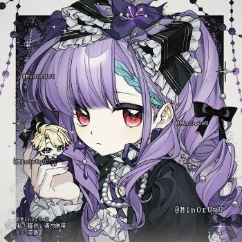 1girl animated animated_gif artist_name bead_necklace beads black_bow black_shirt blinking blue_hair blunt_bangs border bow braid character_request chibi chibi_inset commission curly_hair earrings ensemble_stars! expressionless frilled_bow frilled_sleeves frills hair_behind_ear hair_bow highres holding_chibi jewelry juliet_sleeves lace large_bow long_sleeves m1n0ruwu mihuashi_commission multicolored_hair narukami_arashi necklace oc_x_canon original portrait puffy_sleeves purple_background purple_hair purple_nails red_eyes shirt solo_focus sparkling_eyes two-tone_hair white_border