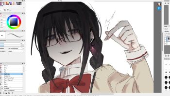 1girl aayoii_00 akemi_homura black_hair finger_s highres long_hair looking_at_viewer mahou_shoujo_madoka_magica mitakihara_school_uniform purple_eyes school_uniform smile user_interface