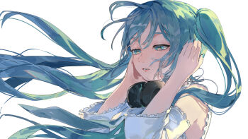 Rule 34 | 1girl, absurdres, aqua eyes, aqua hair, aqua nails, aqua necktie, arms up, astronauts (vocaloid), backlighting, bare shoulders, covering own ears, detached sleeves, floating hair, floating neckwear, frilled shirt, frilled sleeves, frills, hair flowing over, half-closed eyes, hatsune miku, headphones, headphones around neck, highres, kani samurai, long hair, looking ahead, necktie, parted lips, portrait, sad, shirt, sidelocks, simple background, sleeveless, sleeveless shirt, solo, three-quarter sleeves, twintails, very long hair, vocaloid, white background, white sleeves