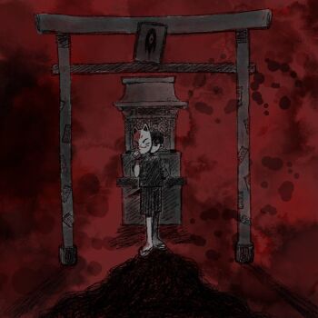 Rule 34 | 1boy, alternate costume, arm behind back, black hair, black shorts, closed mouth, colored skin, expressionless, fox mask, holding, holding behind back, holding knife, holding knife behind back, holding mask, knife, looking at viewer, male focus, mask, omori, omori (omori), sandals, short sleeves, shorts, solo, something (omori), standing, sun iiinu, torii, white skin