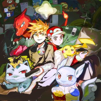 2boys blue_oak brown_eyes brown_hair charmeleon chips_(food) commentary controller couch earbuds earphones fangs fletchling food game_controller gen_1_pokemon gen_2_pokemon gen_6_pokemon gen_7_pokemon hat headphones headphones_around_neck highres holding holding_controller holding_game_controller inky_(pac-man) ivysaur kirby layered_shirt long_sleeves looking_at_another looking_at_viewer male_focus mario mp3_player multiple_boys natu nintendo nintendo_switch_pro_controller on_couch on_lap orange_hair parted_lips pikachu pokemon pokemon_(creature) pokemon_frlg pokemon_on_lap potato_chips projector red_(pokemon) rowlet shared_blanket short_hair sitting_sideways sonic_the_hedgehog spiked_hair squeans summerbb12 symbol-only_commentary under_covers wartortle