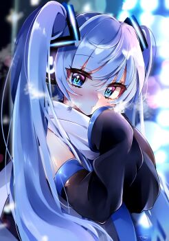 Rule 34 | 1girl, absurdres, black sleeves, blue necktie, blue trim, commentary request, hair between eyes, hair ornament, hatsune miku, headphones, highres, koyubisennti, long hair, long sleeves, looking at viewer, necktie, power symbol, power symbol-shaped pupils, scarf, solo, symbol-shaped pupils, twintails, upper body, very long hair, vocaloid, white scarf, yuki miku, yuki miku (2011)