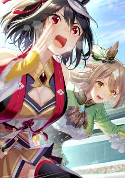 2girls akatsuki_(kuon) animal_ears braid breasts brown_hair cleavage cleavage_cutout clothing_cutout commentary_request detached_sleeves ear_ornament hair_between_eyes hair_ornament half_up_braid heavy_breathing highres horse_ears horse_girl kitasan_black_(umamusume) long_sleeves md5_mismatch medium_breasts medium_hair motion_lines multicolored_hair multiple_girls open_mouth red_eyes resolution_mismatch running satono_diamond_(umamusume) sky source_larger streaked_hair sweat thighhighs umamusume white_hair yellow_eyes