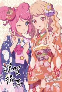 Rule 34 | 2girls, :d, aikatsu! (series), aikatsu stars!, blonde hair, blue eyes, blue kimono, bow, commentary request, double bun, floral print, hair bun, hand up, happy new year, highres, japanese clothes, kimono, long hair, long sleeves, looking at viewer, multiple girls, new year, nijino yume, obi, one eye closed, open mouth, orange kimono, pink bow, pink hair, print kimono, sakuraba rola, sash, smile, standing, translation request, twintails, v, yuniwo