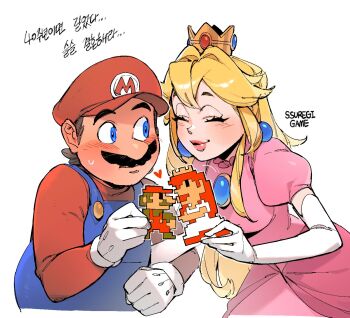 1boy 1girl artist_name blonde_hair blue_eyes blue_gemstone blue_overalls blush breasts brown_hair chest_jewel closed_eyes crown dress elbow_gloves facial_hair gem gloves highres long_hair looking_at_another mario mario_(series) medium_breasts mustache nintendo overalls pink_dress pixel_art princess_peach puffy_short_sleeves puffy_sleeves red_gemstone red_hair red_shirt shirt short_hair short_sleeves smile ssuregigame sweatdrop upper_body white_background white_gloves