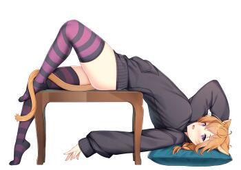 1girl absurdres animal_ears black_sweater blush braid cat_ears cat_girl commission commissioner_upload facepaint facial_mark fang fire_emblem fire_emblem:_path_of_radiance fire_emblem:_radiant_dawn highres large_variant_set looking_at_viewer lying lyre_(fire_emblem) messy_hair nabunabu nintendo no_pants open_mouth orange_hair orange_tail pillow pocket purple_eyes socks solo striped_clothes striped_socks sweater thick_thighs thighs variant_set whisker_markings white_background