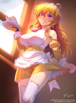 1girl absurdres alternate_costume apron artist_name blonde_hair breasts clothes_pull detached_sleeves dress enmaided frilled_hairband frills hairband highres holding holding_saucer large_breasts long_hair looking_at_viewer maid mechanical_arms necktie prosthesis prosthetic_arm purple_eyes rwby saucer sideboob single_mechanical_arm skirt skirt_pull teapot thighhighs vilde_loh_hocen white_apron white_thighhighs yang_xiao_long yellow_dress