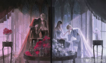 1boy 1girl armband bare_shoulders black_choker black_dress black_footwear black_hair black_jacket black_pants black_shirt black_suit black_vs_white blank_stare blonde_hair boots brown_eyes candle candlestand cape chinese_commentary choker closed_eyes closed_mouth colored_lapels commentary_request cup curtains domino_mask dress drinking_glass expressionless eye_mask flower formal_clothes from_side full_body hair_ornament highres holding_hands imminent_kiss indoors jacket jewelry kiss kissing_hair kissing_hand lapels long_dress long_hair long_sleeves looking_ahead looking_at_another looking_down love_and_deepspace mask multiple_views necklace off-shoulder_dress off_shoulder on_one_knee pants polar_opposites profile protagonist_(love_and_deepspace) red_cape red_flower red_rose rose sanfu_qwq shirt short_hair sitting sitting_on_throne split_screen standing star_(symbol) star_hair_ornament star_necklace suit table throne vase watermark weibo_watermark white_cape white_dress white_flower white_jacket white_pants white_rose white_shirt white_suit window window_shadow wine_glass xavier_(love_and_deepspace)