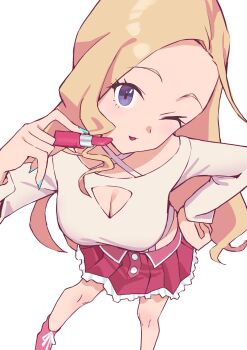 1girl absurdres blonde_hair breasts cleavage cleavage_cutout clothing_cutout commentary_request cosmetics from_above highres holding holding_lipstick_tube ikizulive!_love_live!_bluebird konohana_aurora lipstick_tube long_hair long_sleeves looking_at_viewer love_live! medium_breasts one_eye_closed open_mouth pink_skirt purple_eyes shirt skirt smile solo sunkeun white_background white_shirt