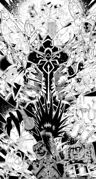 2girls 6+boys armor asakura_hao asakura_yoh bare_shoulders blood cebin_mendel christ_venstar copyright_name death defeat fairy feathers fighting flashback grin hairband headphones highres humiliation injury iron_maiden_jeanne jewelry long_hair looking_at_another looking_to_the_side luchist_lasso lyserg_diethel mask meene_montgomery military military_uniform monochrome multiple_boys multiple_girls necklace official_art opacho oyamada_manta possession sequential shaded_face shaman_king size_difference sky smile spiked_hair spirit_of_fire sword tears torture translation_request very_long_hair violence walking weapon wings x-laws