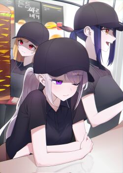 3girls apron arm_rest black_apron black_shirt blonde_hair blue_hair blunt_bangs blush breasts burger cheese closed_mouth collared_shirt counter employee_uniform fangs fast_food fast_food_uniform food hat head_tilt highres holding holding_tray indoors ine_(vtuber) jingburger leaning_forward lettuce lilpa long_hair looking_ahead looking_up menu multicolored_hair multiple_girls napkin notonoto532581 one_eye_closed open_mouth ponytail purple_eyes red_eyes restaurant shirt short_sleeves sidelocks standing streaked_hair sweat t-shirt tearing_up tomato too_much_burger too_much_food tray very_long_hair virtual_youtuber waktaverse white_hair yellow_eyes