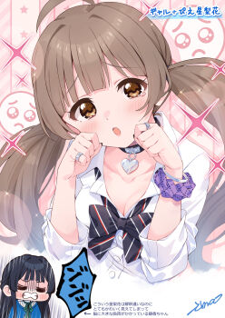 2girls ahoge black_bow black_bowtie black_choker blush bow bowtie bracelet breasts brown_eyes brown_hair choker cleavage collarbone collared_shirt concept_gyarus_(idolmaster) emoji gyaru hakozaki_serika heart heart_choker highres idolmaster idolmaster_million_live! idolmaster_million_live!_theater_days ima_(lm_ew) jewelry long_hair looking_at_viewer loose_bowtie mogami_shizuka multiple_girls official_alternate_costume open_collar purple_scrunchie ring scrunchie shirt striped_bow striped_bowtie striped_clothes tears translation_request twintails white_shirt wrist_scrunchie
