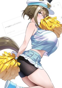 Rule 34 | 1girl, animal ears, ass, bare shoulders, bike shorts, black shorts, blue eyes, blush, breasts, brown hair, brown tail, cheerleader, cheval grand (umamusume), closed mouth, commentary request, crop top, crop top overhang, from side, hair between eyes, hat, herohero (higashi no dou), highres, horse ears, horse girl, horse tail, jumping, large breasts, looking at viewer, midriff, multicolored hair, pleated skirt, pom pom (cheerleading), request inset, shirt, short hair, short hair with long locks, short shorts, shorts, sidelocks, simple background, skindentation, skirt, sleeveless, sleeveless shirt, smile, solo, streaked hair, tail, thick thighs, thighs, umamusume, white background, white hair, white hat, white shirt, white skirt, white streaks