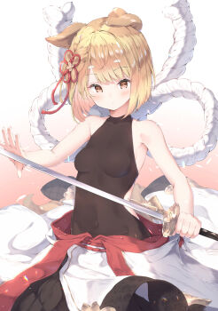 Rule 34 | 1girl, absurdres, animal ears, black leotard, blonde hair, blush, bob cut, breasts, brown hair, commentary, covered collarbone, covered navel, cowboy shot, dog ears, dog girl, dog tail, droopy ears, gradient background, granblue fantasy, hair ornament, highres, holding, holding sword, holding weapon, katana, leotard, looking at viewer, medium breasts, parted bangs, red background, sleeveless turtleneck leotard, small breasts, solo, standing, sword, tail, ukiwakisen, vajra (granblue fantasy), weapon, white background