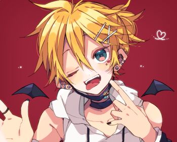 1boy ;d black_choker black_nails black_wings blonde_hair child choker collarbone commentary_request detached_wings double-parted_bangs drawstring ear_piercing facial_mark green_eyes hair_between_eyes hair_ornament hands_up heart heart_facial_mark hood hood_down hoodie kagamine_len kaho_0102 looking_at_viewer male_focus mask mask_pull mouth_mask nail_polish one_eye_closed open_mouth piercing portrait short_hair simple_background sleeveless sleeveless_hoodie smile solo tongue tongue_out vampire_(vocaloid) vocaloid white_hoodie wings x_hair_ornament