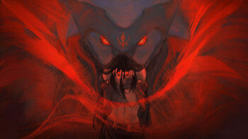 bare_shoulders black_gloves black_hair covering_face covering_own_face crowberri gloves glowing glowing_eyes guilty_gear hand_on_own_face hand_up highres long_hair looking_at_viewer red_eyes red_theme single_glove solo solo_focus standing testament_(guilty_gear) upper_body