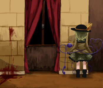 1girl black_hat black_shoes blood commentary_request contrast_collar from_behind full_body green_hair green_skirt hat hat_ribbon heripantomorrow komeiji_koishi long_sleeves ribbon shirt shoes skirt solo standing third_eye touhou wide_sleeves yellow_ribbon yellow_shirt