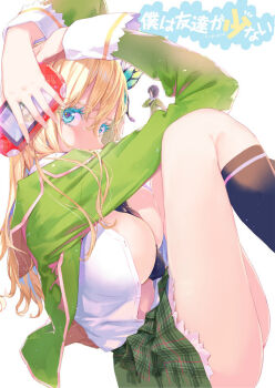 2girls arms_up ass between_breasts black_necktie black_thighhighs blazer blonde_hair blue_eyes boku_wa_tomodachi_ga_sukunai breasts butterfly_hair_ornament colored_eyelashes copyright_name fetal_position frilled_skirt frills green_jacket hair_ornament handheld_game_console hands_on_own_head holding holding_handheld_game_console itachi_(3dt) jacket kashiwazaki_sena large_breasts long_hair looking_at_viewer mikazuki_yozora miniskirt multiple_girls necktie necktie_between_breasts no_bra official_art open_clothes open_jacket open_shirt plaid_clothes plaid_skirt playstation_portable school_uniform shirt skirt st._chronica_academy_school_uniform thighhighs thighs white_shirt winter_uniform