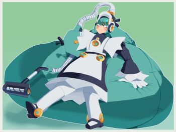 Rule 34 | 1girl, 2026, apron, big hair, black shoes, blush stickers, border, borrowed character, commentary, drawfag, english commentary, female focus, full body, gloves, gradient background, green background, highres, inflation, looking at viewer, maid, maid apron, maid headdress, mega man: dual override, mega man (classic), mega man (series), mega man robot master design contest, original, outside border, purple eyes, robot girl, shoes, simple background, sitting, smile, socks, solo, v-shaped eyebrows, vacuum cleane, white border, white gloves, white socks