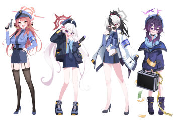 Rule 34 | 4girls, 82jhin, :d, absurdres, ahoge, alternate costume, armband, aru (blue archive), black choker, black hair, blue archive, blue armband, blue hat, blue necktie, blue shirt, blue skirt, boots, breasts, bright pupils, brown horns, choker, clipboard, collared shirt, commentary request, cuffs, demon horns, full body, garter straps, grey halo, gun, hair ornament, hairclip, halo, handcuffs, handgun, haruka (blue archive), hat, high heels, highres, holding, holding clipboard, holding gun, holding stun gun, holding suitcase, holding weapon, horns, jacket, jacket on shoulders, jacket partially removed, kayoko (blue archive), korean commentary, large breasts, long hair, long sleeves, loose necktie, money, multiple girls, mutsuki (blue archive), necktie, open collar, open mouth, orange eyes, orange hair, orange halo, pencil skirt, police, police hat, police uniform, policewoman, ponytail, problem solver 68 (blue archive), purple boots, purple eyes, purple halo, purple jacket, red eyes, red halo, revolver, salute, shirt, simple background, skirt, smile, smith &amp; wesson 686, stiletto heels, stun gun, suitcase, sunglasses, thighhighs, twintails, very long hair, weapon, white background, white hair, white jacket, white pupils, yellow armband