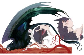 2girls blue_feathers blush closed_eyes creature dragon dragon_wings feathers forehead_jewel gem grass green_wings harpy highres interspecies jejejunum kiss monster monster_girl multiple_girls nethermare original penis penis_tentacle plant_roots red_gemstone saliva secret_(jejejunum) sex size_difference spirit tentacles whisper_(jejejunum) white_fur white_tail wings