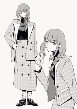 Rule 34 | 1girl, artist name, braid, buttons, candy, chainsaw man, fingernails, food, hand on own hip, hand up, highres, holding, holding candy, holding food, holding lollipop, ice morinaka, jacket, lollipop, long hair, long skirt, long sleeves, makima (chainsaw man), monochrome, open clothes, open jacket, plaid clothes, plaid jacket, plaid skirt, ringed eyes, shoes, simple background, single braid, skirt, smile, socks, split mouth, standing, turtleneck, white background