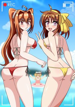 Rule 34 | 3girls, anelace elfead, ass, bikini, butt crack, eiyuu densetsu, estelle bright, goggles, hair ribbon, highres, kuro skyline - kurome, multiple girls, red bikini, ribbon, snorkel, sora no kiseki, swim goggles, swimsuit, tita russell, twintails, yellow bikini