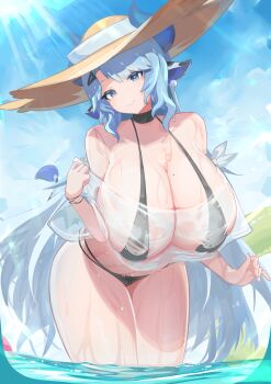 1girl absurdres animal_ears bikini bikini_under_clothes black_bikini blue_eyes breasts cleavage closed_mouth cow_ears cow_horns cow_tail earrings fujiwara_echi hair_ornament hairclip hat highres horns horns_through_headwear huge_breasts indie_virtual_youtuber jewelry leaning_forward miilkywayz mole mole_on_breast mole_under_eye mole_under_mouth pom_pom_(clothes) pom_pom_earrings see-through_clothes smile sun_hat swimsuit swimsuit_under_clothes tail virtual_youtuber water wet wet_clothes