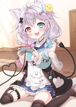 1girl ahoge animal_ear_fluff animal_ear_hairband animal_ears apron aqua_eyes aqua_hair asymmetrical_sleeves black_thighhighs blue_sailor_collar blue_skirt braid cable cable_tail controller dress fake_animal_ears fang frilled_dress frills game_controller gradient_hair grey_hair hair_ornament hairband heterochromia highres holding holding_controller holding_game_controller indie_virtual_youtuber legwear_garter low_twin_braids maid_headdress mechanical_tail mikeou_(vtuber) mismatched_sleeves multicolored_hair multicolored_neckerchief nanase_(ribonshitoron) neckerchief off_shoulder pink_nails power_symbol-shaped_pupils red_eyes sailor_collar single_legwear_garter sitting skin_fang skirt sleeveless sleeveless_dress symbol-shaped_pupils tail thick_eyebrows thighhighs twin_braids virtual_youtuber wariza white_apron wooden_floor