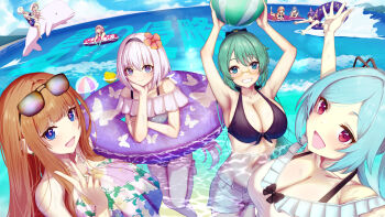 .live 6+girls absurdres alternate_costume arms_up ball beachball blue_eyes blush breasts cleavage commentary_request dolphin eyewear_on_head glasses green_hair grin gyo_hasu hair_ornament headband highres innertube kagura_suzu_(.live) kakyouin_chieri large_breasts looking_at_viewer merry_milk mokota_mememe multiple_girls nanahoshi_milily ocean red_eyes rikumu rurun_rururica dennou_shoujo_siro sky smile swim_ring swimsuit virtual_youtuber yamato_iori