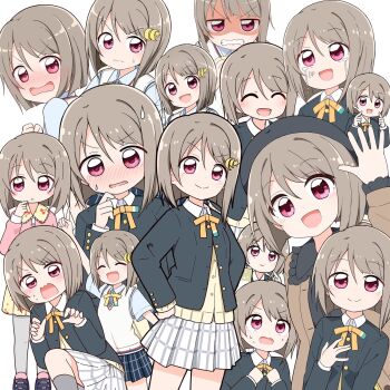 1girl :> :d ^_^ beret black_hat black_jacket black_shirt blue_skirt blush brown_cardigan cardigan clenched_teeth closed_eyes closed_mouth collared_shirt commentary_request crescent crescent_hair_ornament crying crying_with_eyes_open embarrassed fingers_to_cheeks flustered frilled_shirt_collar frills hair_ornament hat highres jacket light_frown long_sleeves looking_at_viewer love_live! love_live!_nijigasaki_high_school_idol_club love_live!_nijigasaki_high_school_idol_club_the_movie_-_finale miniskirt miyamaki multiple_expressions multiple_views nakasu_kasumi neck_ribbon nervous_sweating nijigasaki_school_uniform nose_blush open_cardigan open_clothes open_mouth parted_lips peanut_mouth pink_eyes plaid_clothes plaid_skirt pleated_skirt ribbon school_uniform shaded_face shirt simple_background skirt smile split_mouth star_(symbol) star_hair_ornament summer_uniform sweat sweater_vest tears teeth v-shaped_eyebrows wavy_mouth white_background white_shirt white_skirt winter_uniform yellow_cardigan yellow_ribbon yellow_sweater_vest