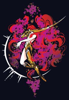 1girl alt_text animal arm_up black_background bug butterfly commentary elden_ring english_commentary from_side full_body highres holding holding_sword holding_weapon insect long_hair malenia_blade_of_miquella navel nude outstretched_arm profile prosthesis prosthetic_arm prosthetic_leg red_hair rotting sword sydneyjones very_long_hair weapon
