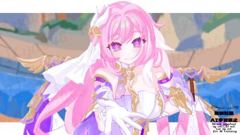 1girl bare_shoulders bell border breasts corset derivative_work diamond-shaped_pupils diamond_(shape) elysia_(herrscher_of_human:_ego)_(honkai_impact) elysia_(honkai_impact) gloves highres honkai_(series) honkai_impact_3rd large_breasts long_hair looking_at_viewer multicolored_hair okayuojiya048 pink_hair purple_eyes reaching reaching_towards_viewer scene_reference smile solo symbol-shaped_pupils triquetra two-tone_hair veil very_long_hair white_border white_corset white_gloves white_hair white_veil