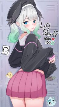 1boy 1girl :p absurdres artist_name blue_archive blue_eyes blush cosplay doodle_sensei_(blue_archive) feathered_wings from_behind gradient_hair green_hair hat head_wings highres indie_virtual_youtuber indoors koharu_(blue_archive) koharu_(blue_archive)_(cosplay) long_sleeves looking_at_viewer looking_back mint_fantome multicolored_hair naplings_(nimi_nightmare) pink_skirt pointy_ears puffy_sleeves school_uniform sensei_(blue_archive) skirt tongue tongue_out virtual_youtuber white_hair wings wisps_(mint_fantome) yahnuko