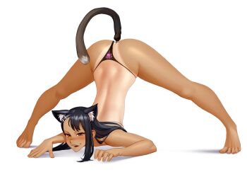 1girl absurdres all_fours anal anal_beads anal_object_insertion anal_tail animal_ear_fluff animal_ears ass barefoot black_hair black_panties blush brown_eyes butt_plug cat_ears cat_tail clothing_aside fake_tail fangs feet female_focus full_body highres ijiranaide_nagatoro-san jack-o'_challenge kairunoburogu long_hair nagatoro_hayase object_insertion one-piece_tan open_mouth panties panties_aside paw_print pet_play sex_toy simple_background solo tail tan tanline top-down_bottom-up topless_female underwear underwear_only white_background