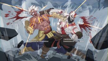 Rule 34 | 2boys, abs, artist name, asura's wrath, asura (asura's wrath), bald, battle, beard, blank eyes, bodypaint, braid, braided beard, commission, connected beard, crossover, death battle, dougi, facial hair, forked eyebrows, full beard, glowing, glowing eyes, god of war, highres, karate gi, kratos (god of war), male focus, mature male, multiple boys, muscular, muscular male, no pupils, notstrykon, pale skin, pectorals, sagging pants, short hair, spiked hair, tattoo, topless male, white hair