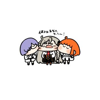ahoge blush braid chibi commentary_request dnchuu12 fate/grand_order fate_(series) fujimaru_ritsuka_(female) highres kiss kissing_cheek mash_kyrielight necktie olga_marie_animusphere olga_marie_animusphere_(unbeast) orange_hair purple_hair white_hair