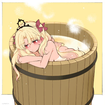 1girl ass azumi_(myameco) black_tiara blonde_hair blush bow breasts butt_crack commentary_request dark-skinned_female dark_skin ereshkigal_(fate) ereshkigal_alter_(fate) fate/grand_order fate_(series) hair_bow long_hair medium_breasts nude red_eyes sideboob steam tiara two_side_up wooden_bathtub