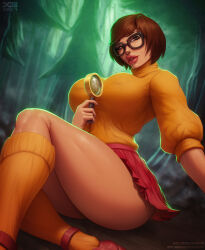 1boy artist_name barretxiii black-framed_eyewear breasts brown_eyes brown_hair forest glasses holding holding_magnifying_glass large_breasts looking_at_viewer magnifying_glass nature orange_socks orange_sweater outdoors patreon_username pine_tree pleated_skirt red_skirt scooby-doo short_hair sidelocks sitting skirt socks solo sweater tree twitter_username velma_dinkley watermark web_address