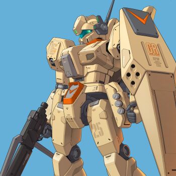 Rule 34 | assault visor, beam rifle, blue background, bmwsb0, commentary, earth federation space forces, energy gun, feet out of frame, finger on trigger, green visor, gun, gundam, gundam unicorn, highres, holding, holding gun, holding weapon, jegan, jegan a2 type, mecha, mecha focus, mobile suit, no humans, radio antenna, robot, science fiction, shield, simple background, standing, weapon