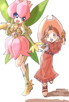 Rule 34 | 2girls, brown eyes, brown hair, digimon, digimon (creature), digimon adventure, dress, green hair, green wings, hat, highres, lilimon, megane mochi, midair, multiple girls, multiple wings, pink dress, pink hat, plant hair, red dress, simple background, sleeveless, sleeveless dress, tachikawa mimi, white background, wings